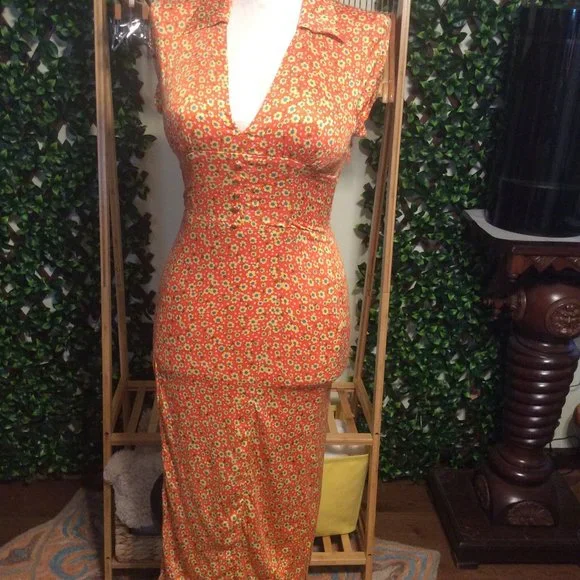 urban outfitters orange floral dress UO Urban Outfitters Orange Floral Dress with Slit